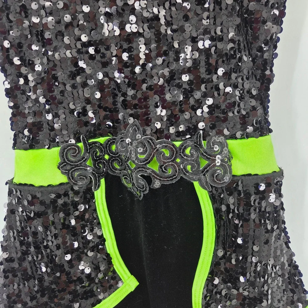 Weissman Black Neon Green Sequin Dance Costume Leotard Peplum MC Jazz Tap